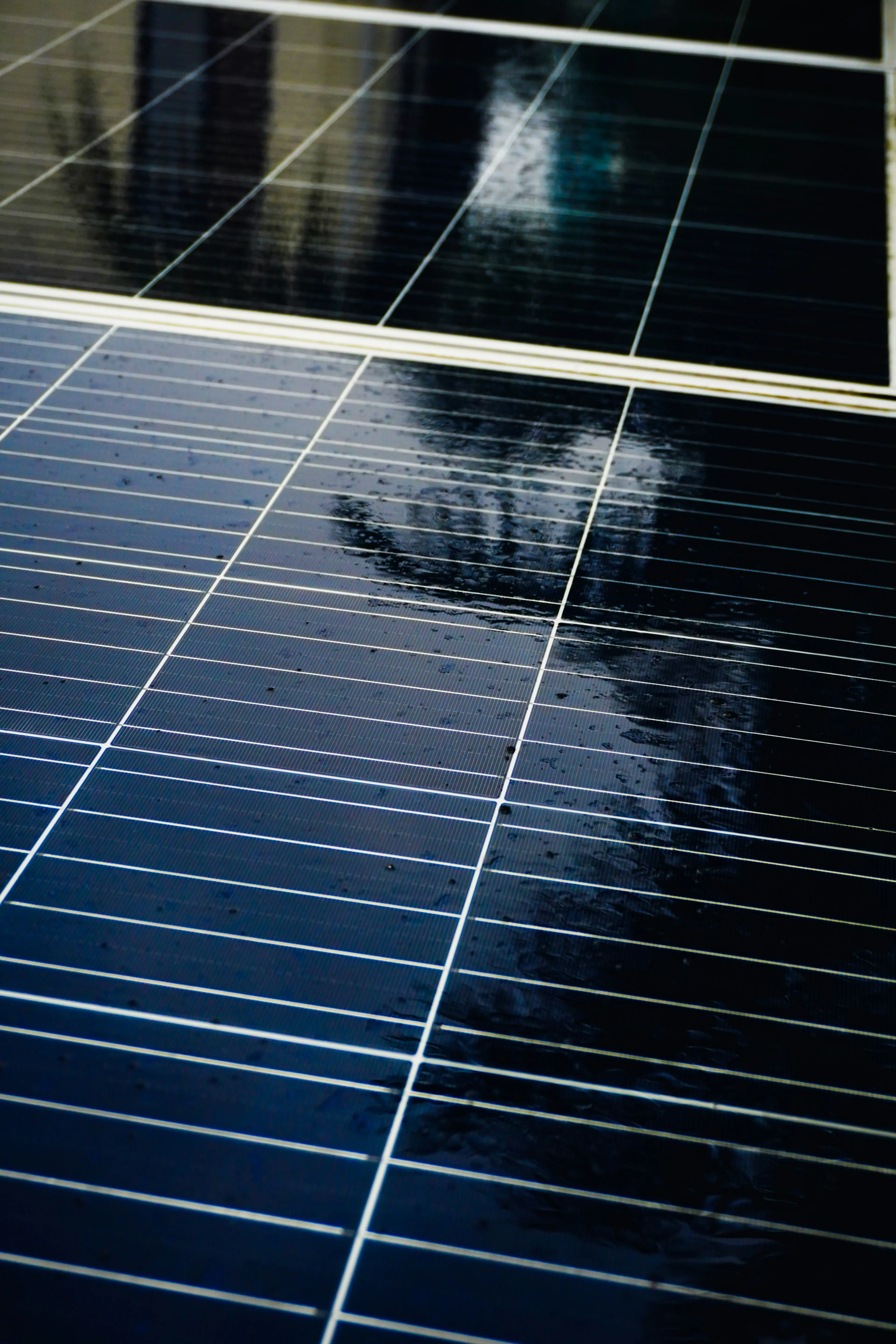 Close-up of freshly washed solar panels reflecting the sky